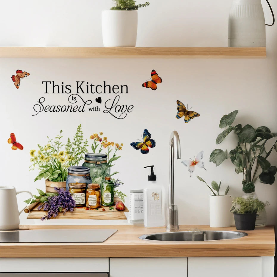 Kitchen Herbs Cooking Art Butterfly & Flower Wall Stickers β Inspirational Quotes for Kitchen, Home & Office Decor β Removable PVC Wall Decals