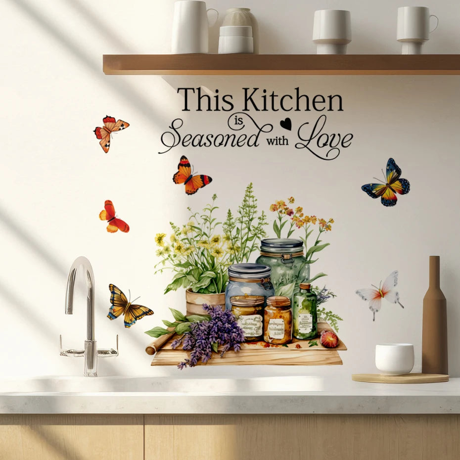 Kitchen Herbs Cooking Art Butterfly & Flower Wall Stickers β Inspirational Quotes for Kitchen, Home & Office Decor β Removable PVC Wall Decals