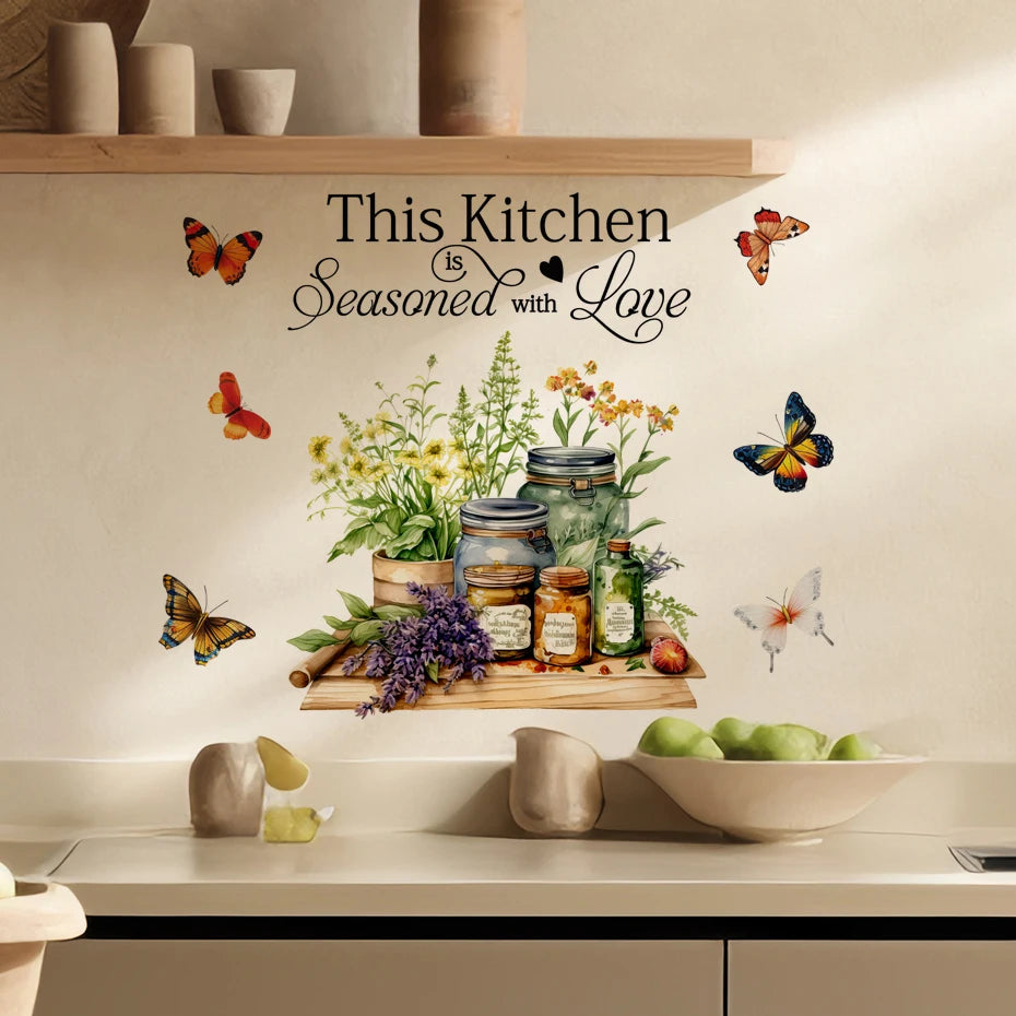 Kitchen Herbs Cooking Art Butterfly & Flower Wall Stickers β Inspirational Quotes for Kitchen, Home & Office Decor β Removable PVC Wall Decals