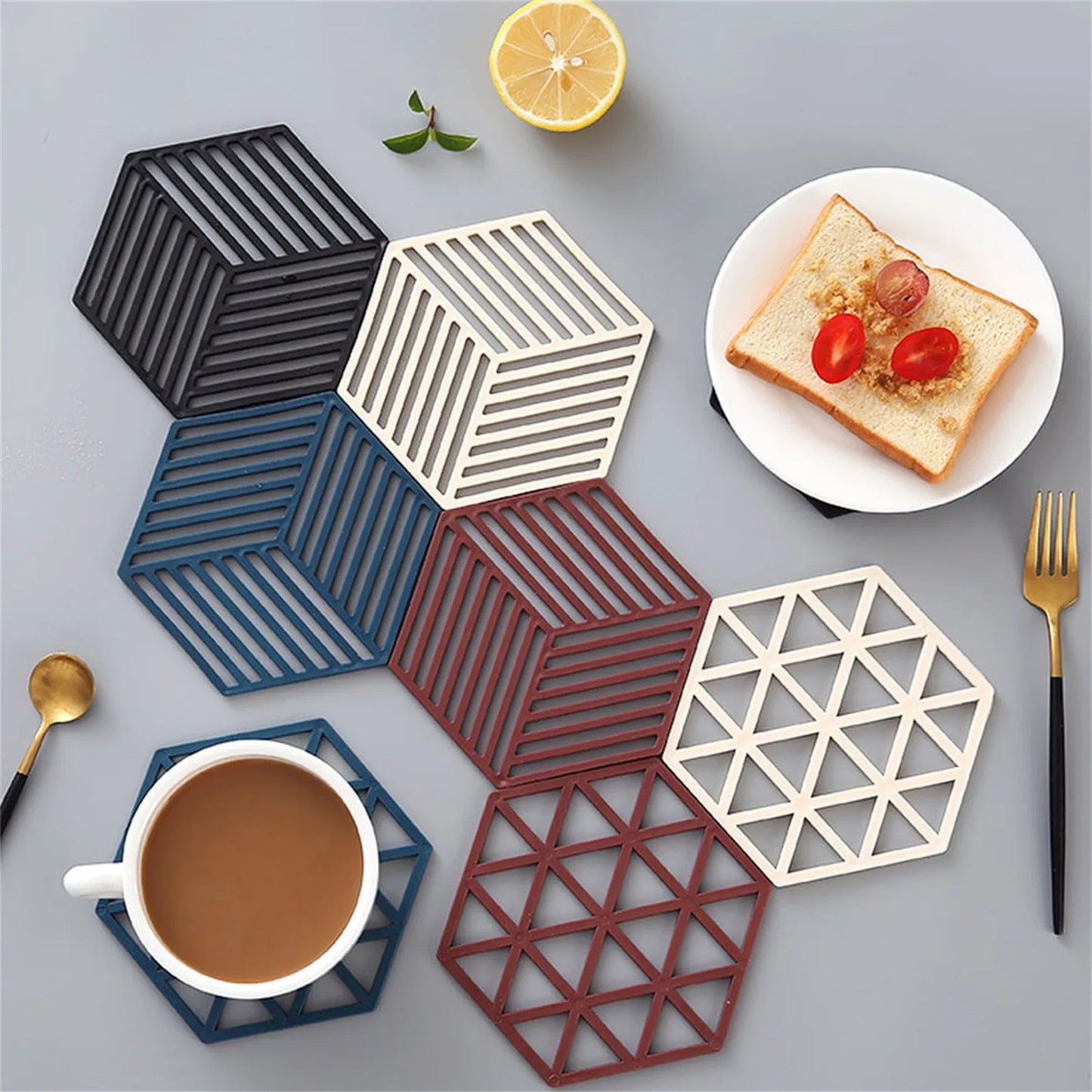 10 Pcs Heat-Resistant Silicone Coaster Mats - Non-Slip Hexagon Table Placemats for Kitchen & Household Accessories π‘π΅