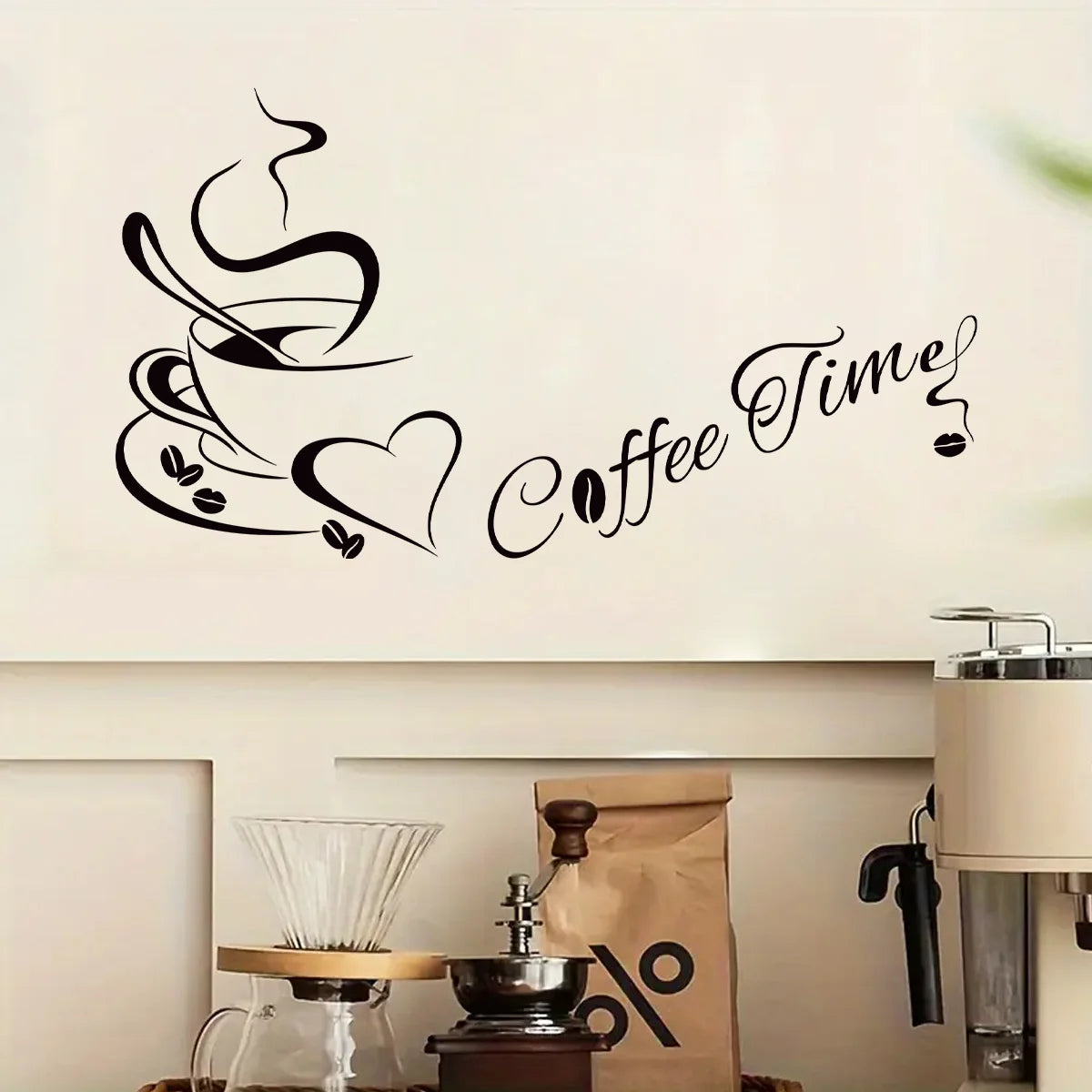 Hand-Drawn Coffee Heart Silhouette 'Coffee Time' Wall Stickers for Bedroom, Kitchen & Living Room - Removable PVC Wall Decals ☕️❤️