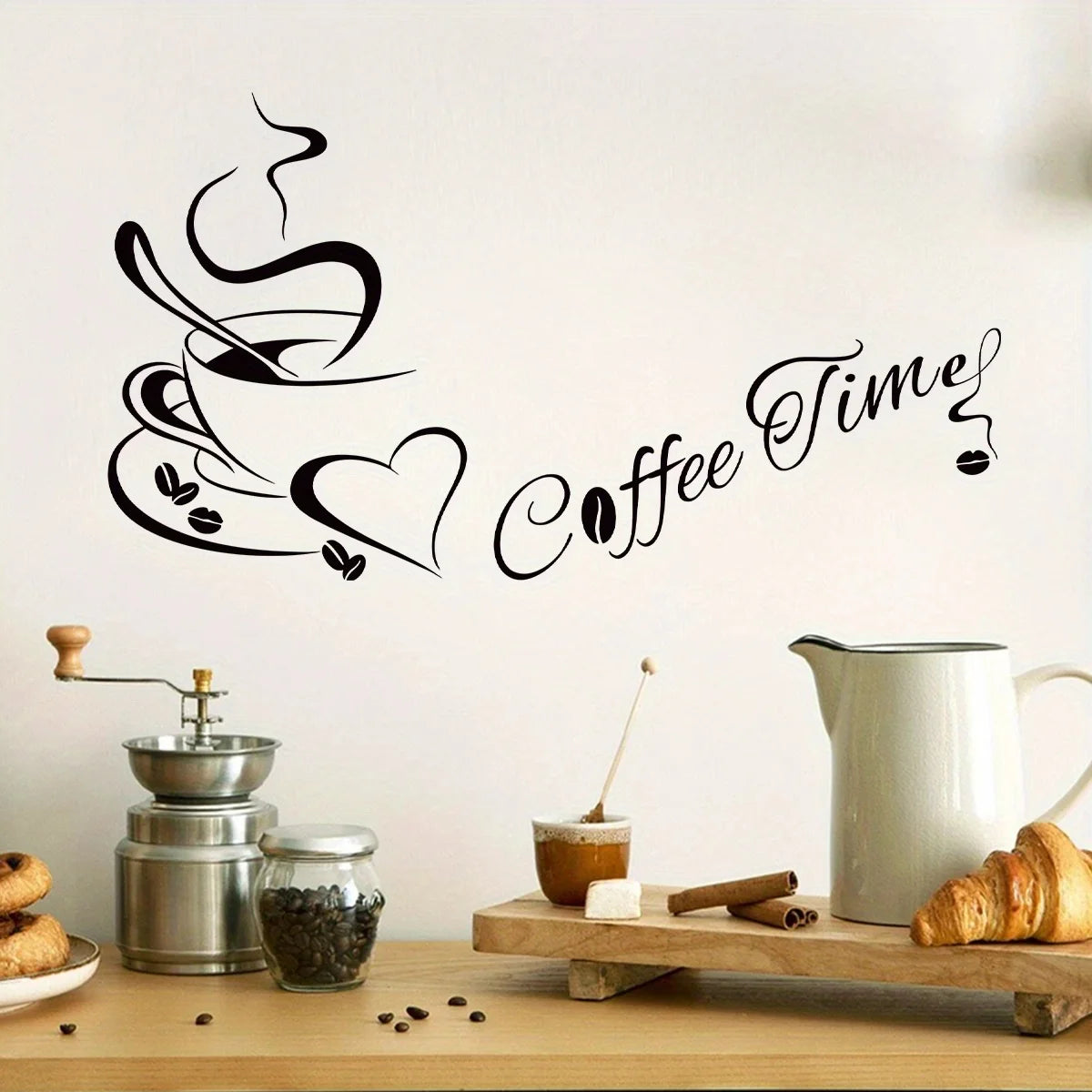 Hand-Drawn Coffee Heart Silhouette 'Coffee Time' Wall Stickers for Bedroom, Kitchen & Living Room - Removable PVC Wall Decals ☕️❤️