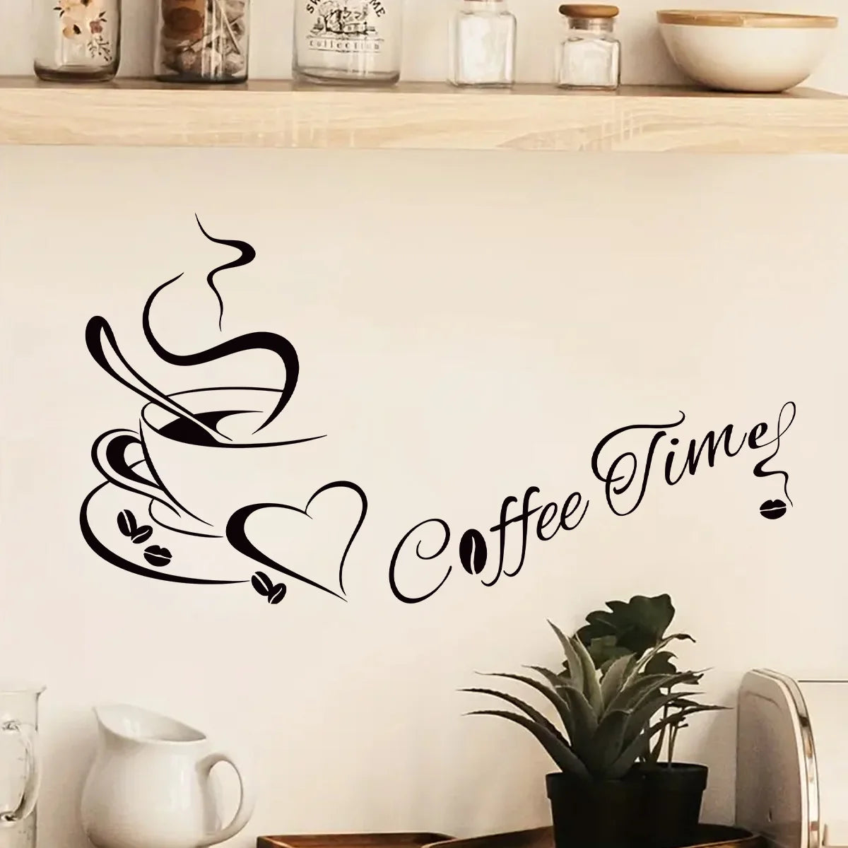 Hand-Drawn Coffee Heart Silhouette 'Coffee Time' Wall Stickers for Bedroom, Kitchen & Living Room - Removable PVC Wall Decals ☕️❤️