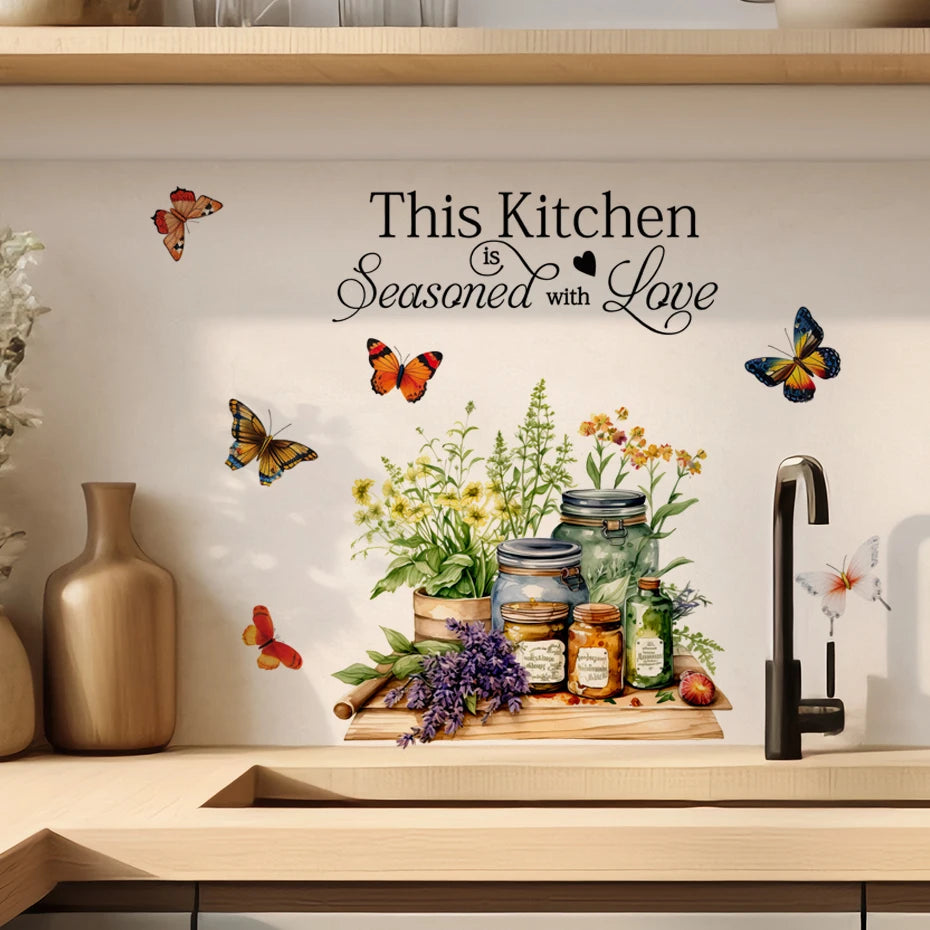 Kitchen Herbs Cooking Art Butterfly & Flower Wall Stickers – Inspirational Quotes for Kitchen, Home & Office Decor – Removable PVC Wall Decals