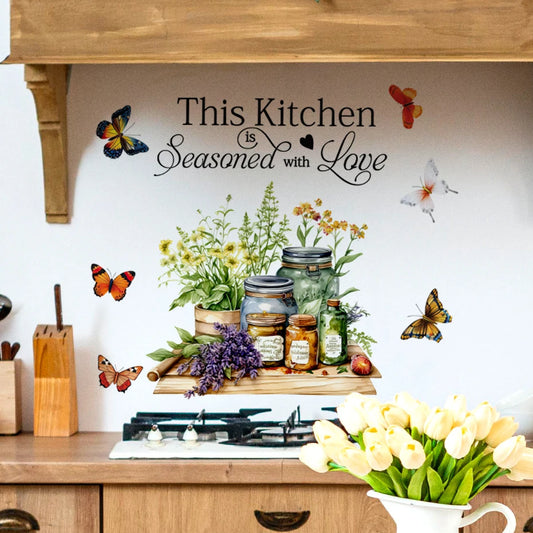 Kitchen Herbs Cooking Art Butterfly & Flower Wall Stickers – Inspirational Quotes for Kitchen, Home & Office Decor – Removable PVC Wall Decals