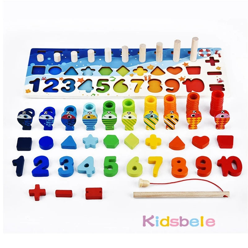 Kids Montessori Math Toys - Educational Wooden Puzzle & Fishing Toy for Toddlers, Shape Matching & Number Sorting Board Game for 3-6Y 🎣🔢