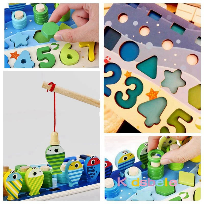 Kids Montessori Math Toys - Educational Wooden Puzzle & Fishing Toy for Toddlers, Shape Matching & Number Sorting Board Game for 3-6Y 🎣🔢