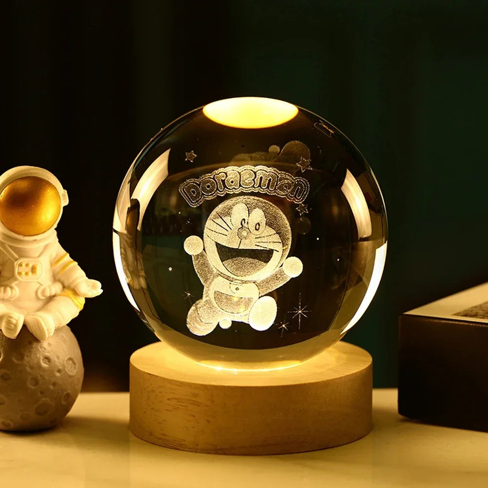 Hot 6cm 3D Crystal Ball Night Light - Stitch, Pikachu, Doraemon & Hello Kitty Laser Carving Gifts for Kids 🌟✨