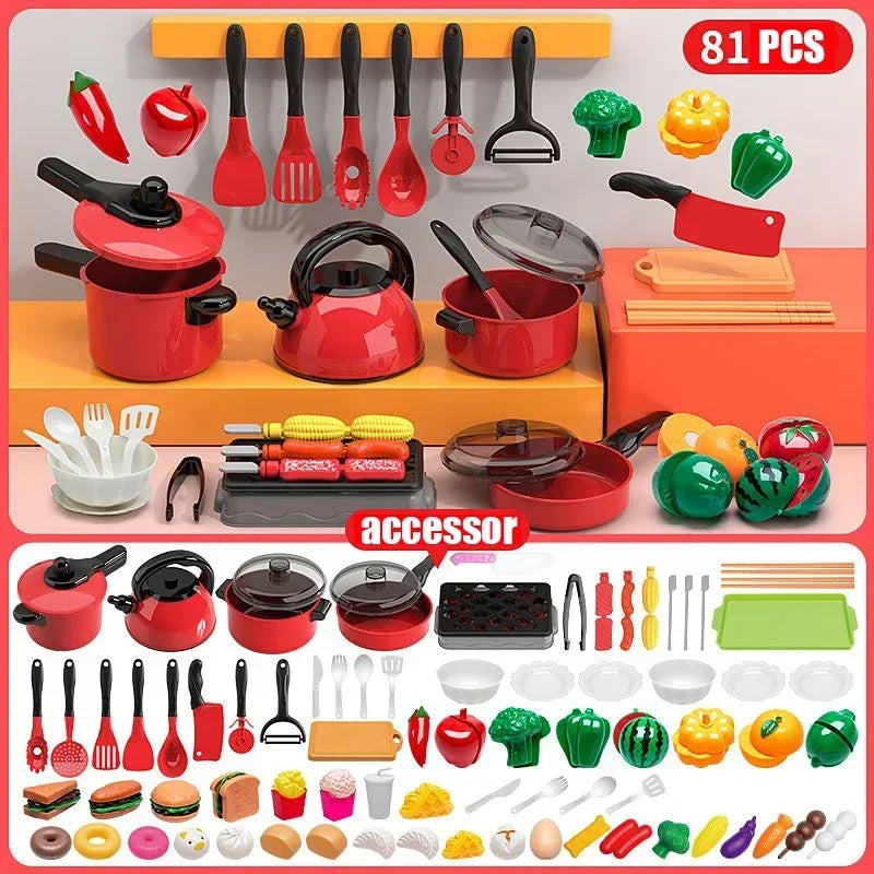 Kids Pretend Play Red Kitchen Set – Cooking Toys for Boys & Girls, Educational Interactive Food Simulation Toy for Children Ages 3+ 🍳🍉