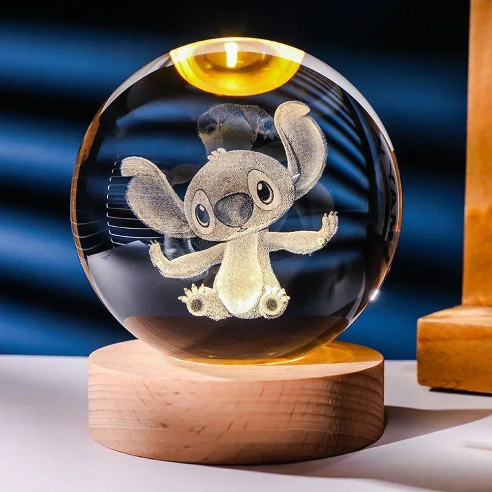 Hot 6cm 3D Crystal Ball Night Light - Stitch, Pikachu, Doraemon & Hello Kitty Laser Carving Gifts for Kids 🌟✨