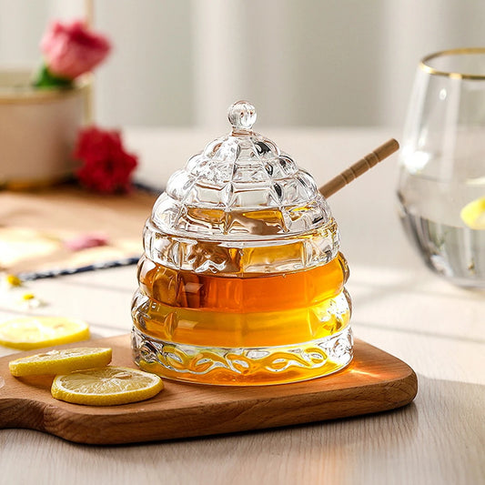 Glass Honeycomb Honey Jar with Dipper & Lid 🍯 Eco-Friendly Kitchen Storage Tank for Honey, Syrup, Wedding, Party & Home Decor