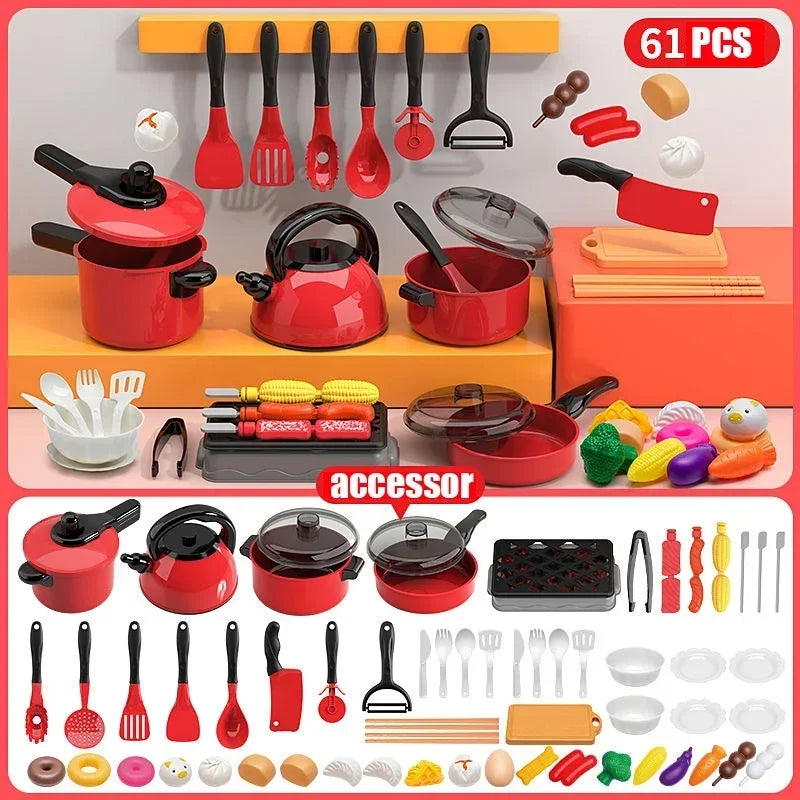 Kids Pretend Play Red Kitchen Set – Cooking Toys for Boys & Girls, Educational Interactive Food Simulation Toy for Children Ages 3+ 🍳🍉