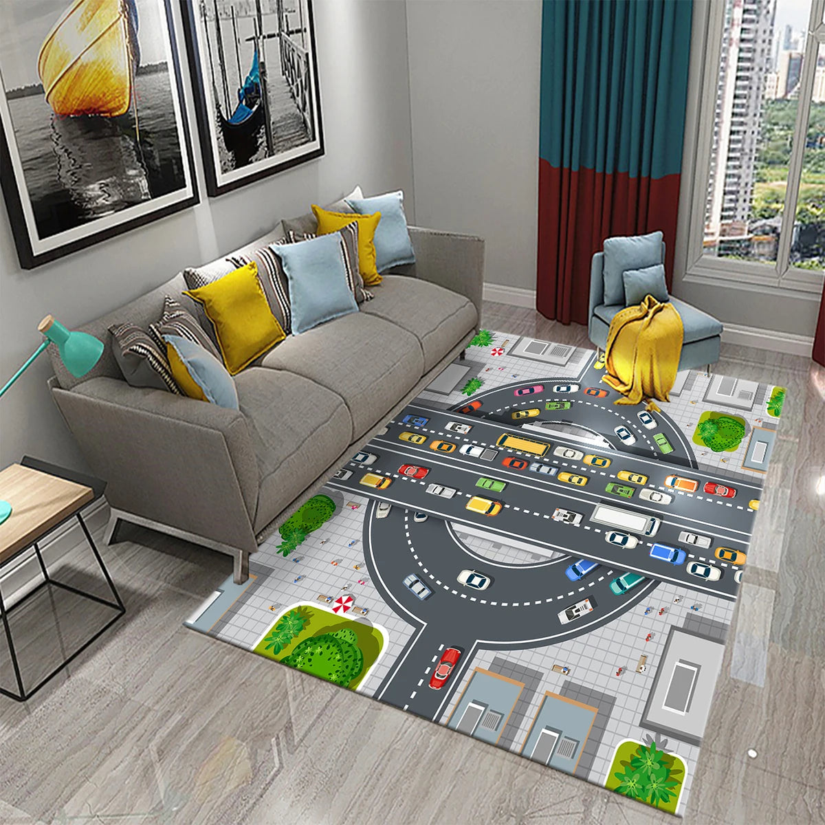 Kids Road Traffic Carpet Rug for Boys & Girls - Educational City Life Play Mat for Baby Bedroom & Nursery, Multi-Color Cartoon Car Toy Rug 🚗🛣️