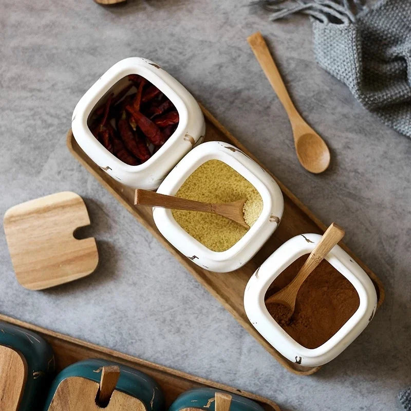 Ceramic Spice Storage Pot Set with Bamboo Tray - Salt, Pepper & Sugar Shaker Jars for Kitchen Seasoning & Condiments 🌿🍶