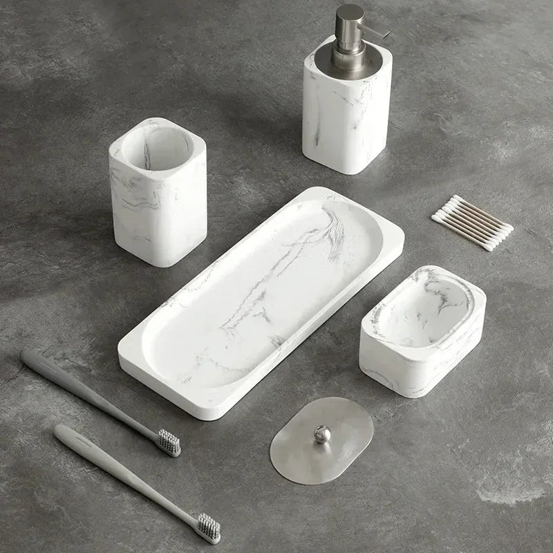 Elegant Resin Marble Bathroom Set - Lotion Bottle, Mouthwash Cup, Cotton Swab Box, Tray, Shampoo & Soap Dispenser
