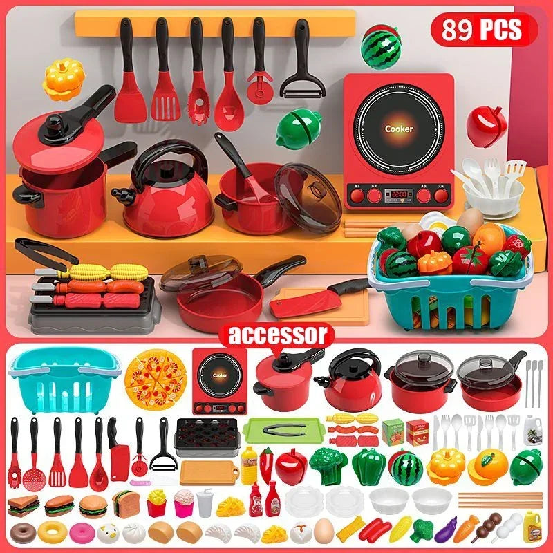 Kids Pretend Play Red Kitchen Set – Cooking Toys for Boys & Girls, Educational Interactive Food Simulation Toy for Children Ages 3+ 🍳🍉