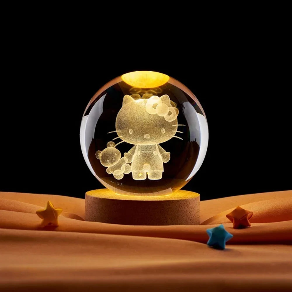 Hot 6cm 3D Crystal Ball Night Light - Stitch, Pikachu, Doraemon & Hello Kitty Laser Carving Gifts for Kids 🌟✨