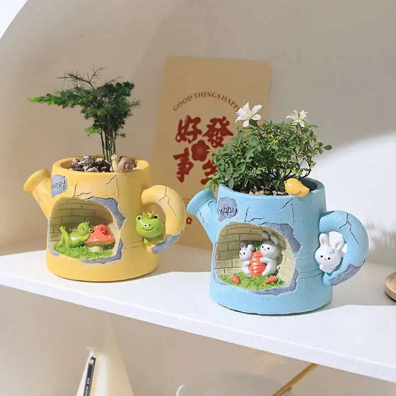 Creative Flower Pot Resin Succulent Planter 🌵 Home Decor Desktop Ornament - Cute Garden Decoration with Drainage Holes