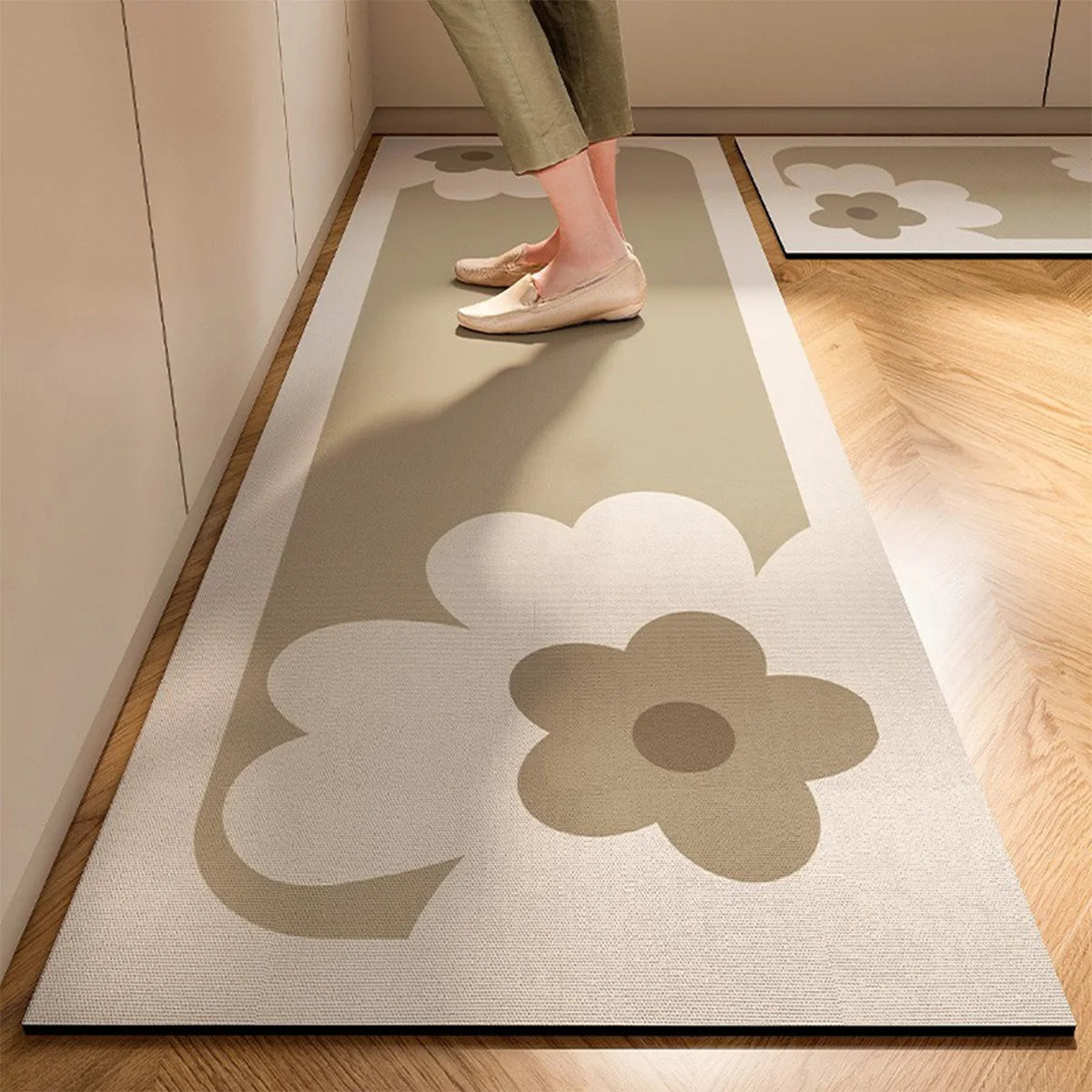 Kitchen PVC Floor Mat - Soft Diatom Mud Anti-Slip, Absorbent Rug for Kitchen & Bathroom, Beige Non-Slip Area Carpet, Modern Home Decor