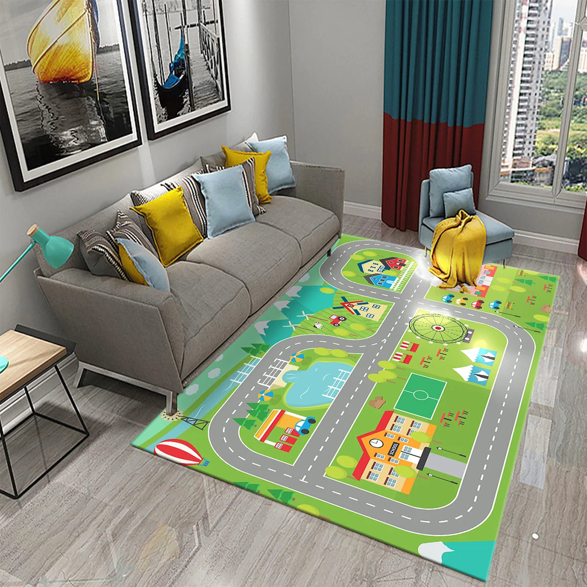 Kids Road Traffic Carpet Rug for Boys & Girls - Educational City Life Play Mat for Baby Bedroom & Nursery, Multi-Color Cartoon Car Toy Rug 🚗🛣️