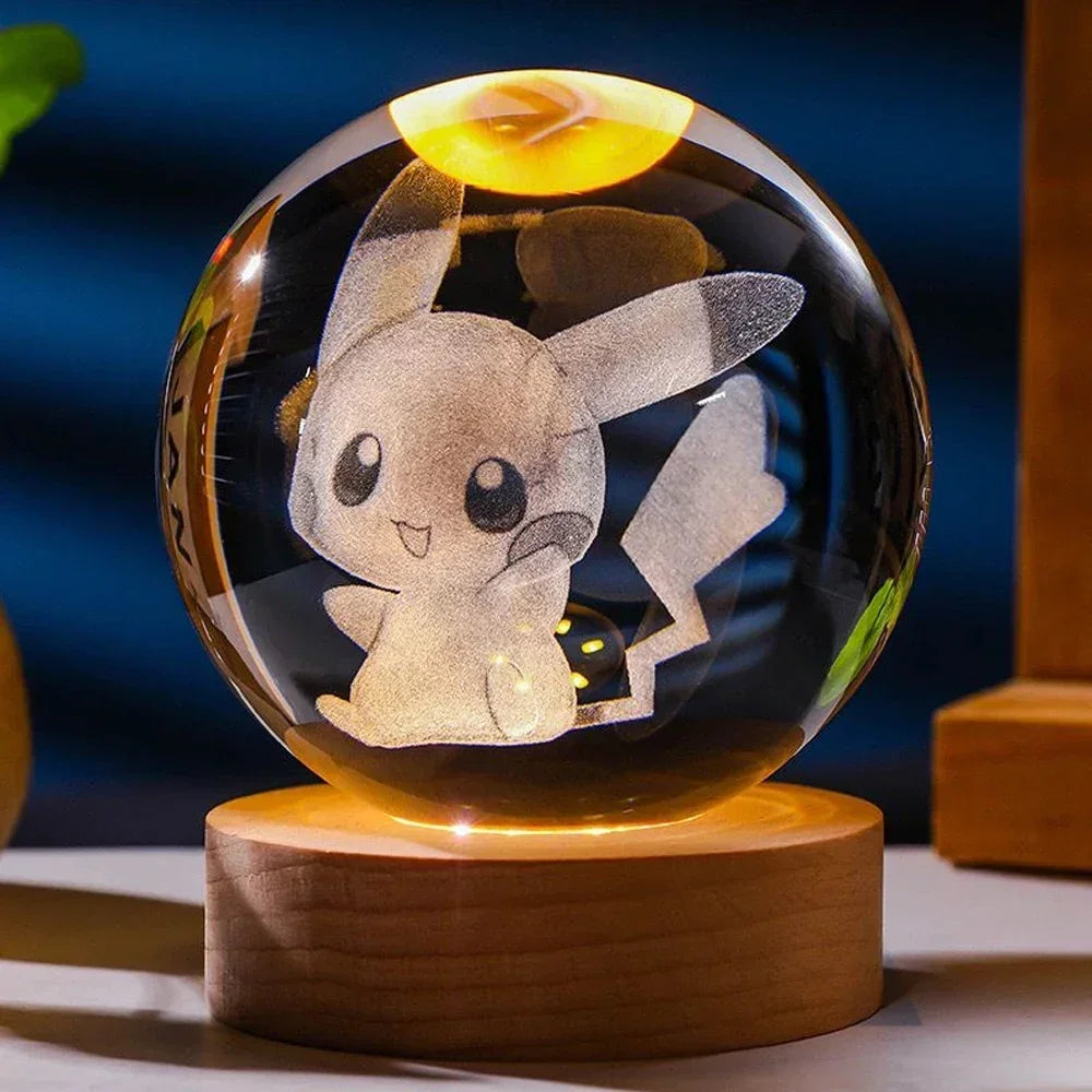 Hot 6cm 3D Crystal Ball Night Light - Stitch, Pikachu, Doraemon & Hello Kitty Laser Carving Gifts for Kids 🌟✨