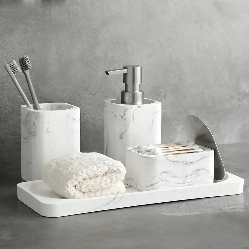 Elegant Resin Marble Bathroom Set - Lotion Bottle, Mouthwash Cup, Cotton Swab Box, Tray, Shampoo & Soap Dispenser