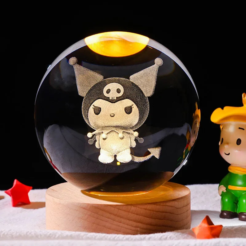 Hot 6cm 3D Crystal Ball Night Light - Stitch, Pikachu, Doraemon & Hello Kitty Laser Carving Gifts for Kids 🌟✨