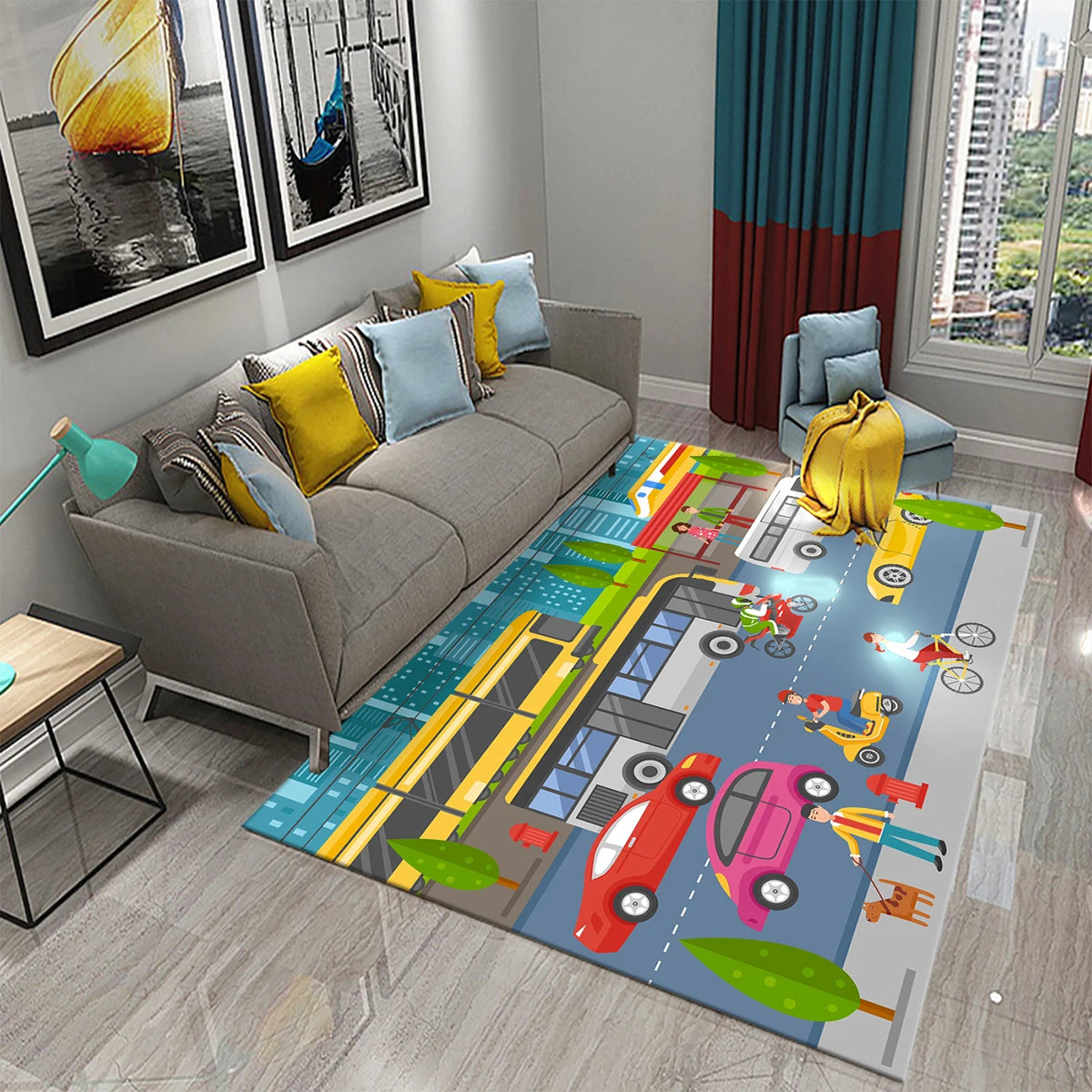 Kids Road Traffic Carpet Rug for Boys & Girls - Educational City Life Play Mat for Baby Bedroom & Nursery, Multi-Color Cartoon Car Toy Rug 🚗🛣️