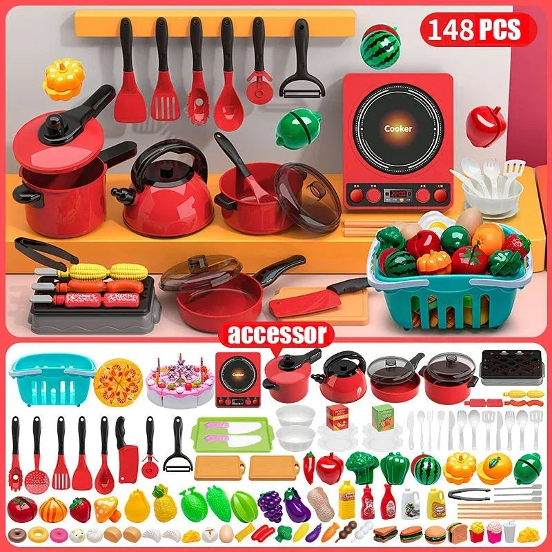 Kids Pretend Play Red Kitchen Set – Cooking Toys for Boys & Girls, Educational Interactive Food Simulation Toy for Children Ages 3+ 🍳🍉