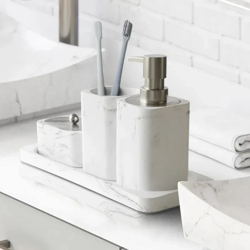 Elegant Resin Marble Bathroom Set - Lotion Bottle, Mouthwash Cup, Cotton Swab Box, Tray, Shampoo & Soap Dispenser