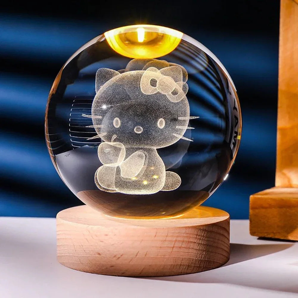 Hot 6cm 3D Crystal Ball Night Light - Stitch, Pikachu, Doraemon & Hello Kitty Laser Carving Gifts for Kids 🌟✨