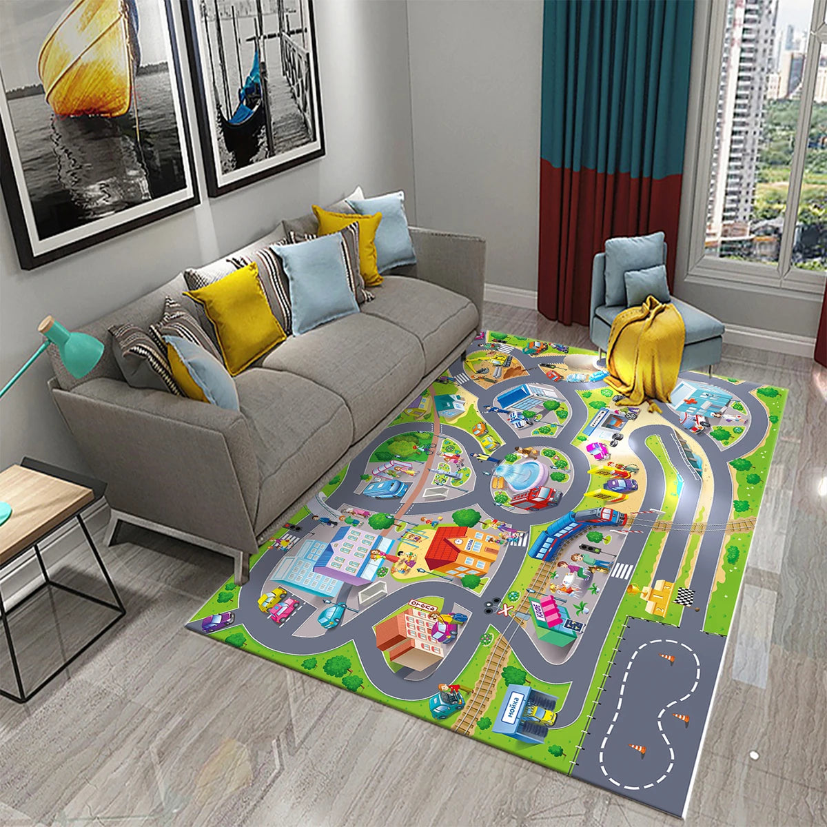 Kids Road Traffic Carpet Rug for Boys & Girls - Educational City Life Play Mat for Baby Bedroom & Nursery, Multi-Color Cartoon Car Toy Rug 🚗🛣️