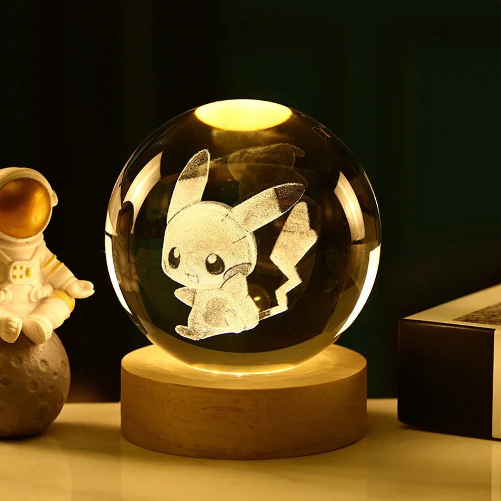 Hot 6cm 3D Crystal Ball Night Light - Stitch, Pikachu, Doraemon & Hello Kitty Laser Carving Gifts for Kids 🌟✨