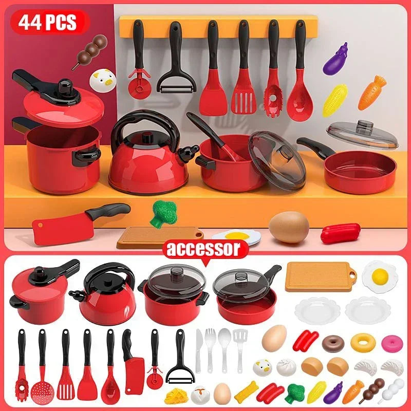 Kids Pretend Play Red Kitchen Set – Cooking Toys for Boys & Girls, Educational Interactive Food Simulation Toy for Children Ages 3+ 🍳🍉