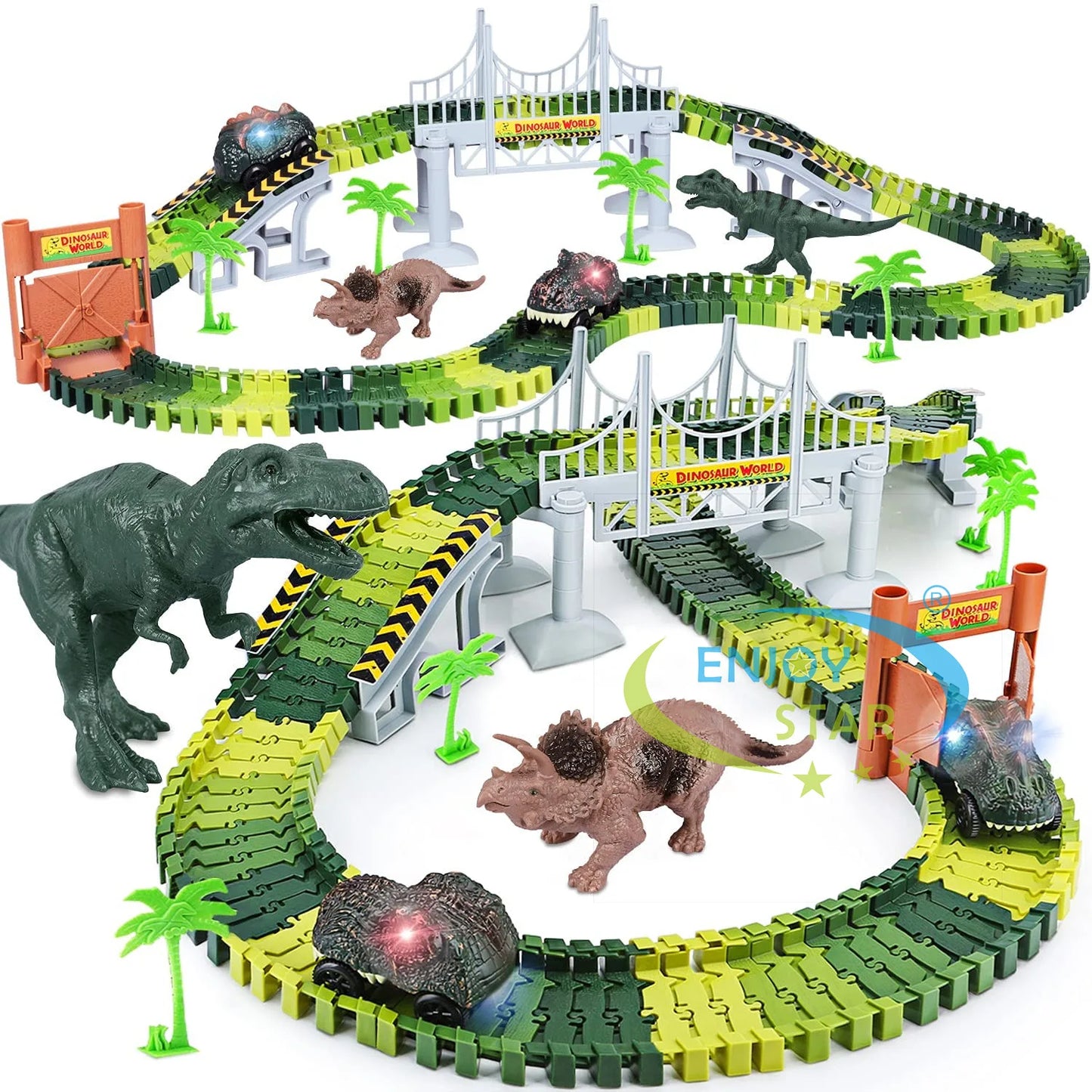 156pcs Dinosaur Railway Car Track Toy Set – DIY Assemble Road Race Set with Flexible Tracks, Dinosaur Toys, Bridge Ramps for Kids 🚂🦖