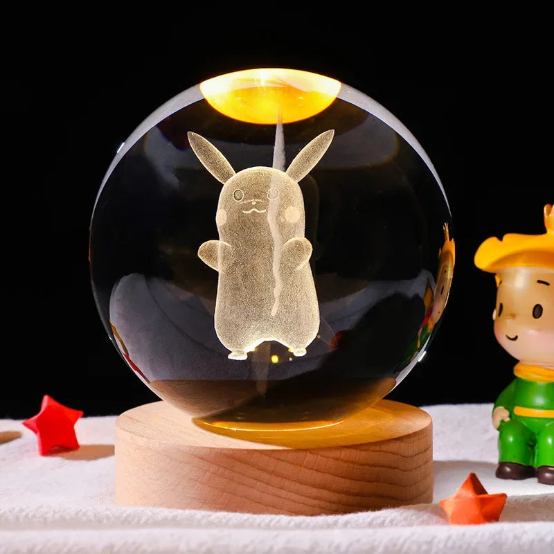 Hot 6cm 3D Crystal Ball Night Light - Stitch, Pikachu, Doraemon & Hello Kitty Laser Carving Gifts for Kids 🌟✨