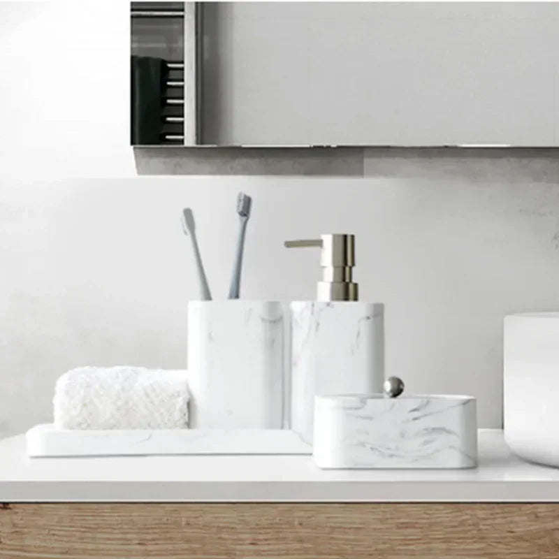 Elegant Resin Marble Bathroom Set - Lotion Bottle, Mouthwash Cup, Cotton Swab Box, Tray, Shampoo & Soap Dispenser