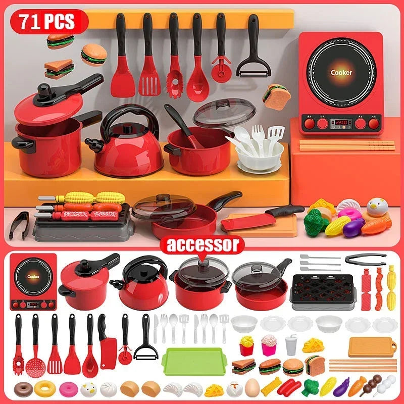 Kids Pretend Play Red Kitchen Set – Cooking Toys for Boys & Girls, Educational Interactive Food Simulation Toy for Children Ages 3+ 🍳🍉