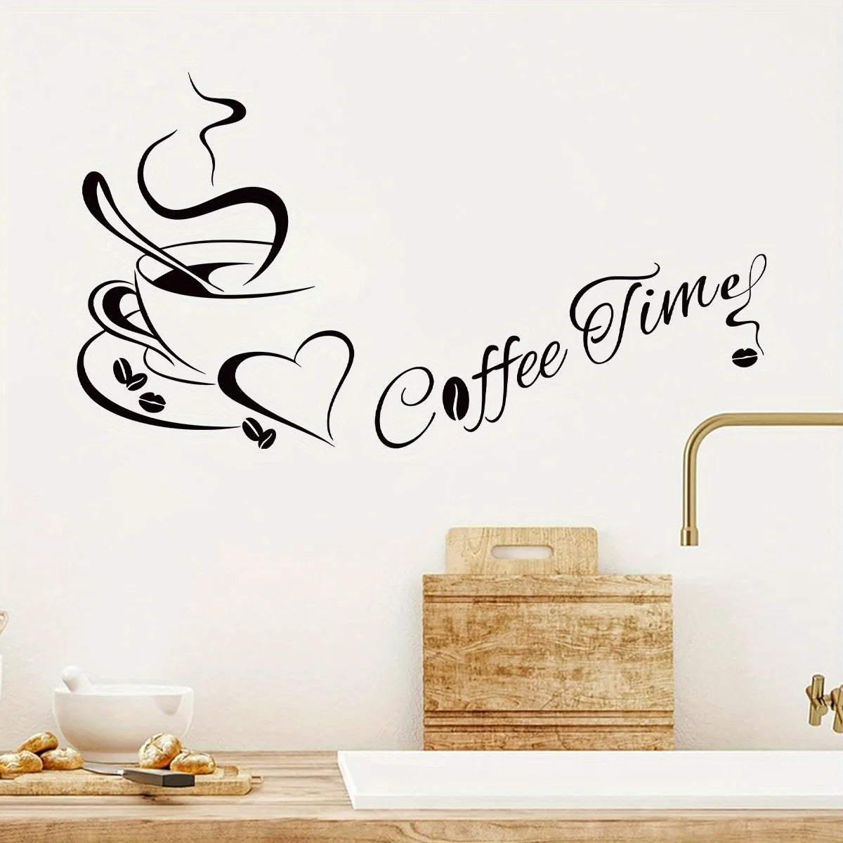 Hand-Drawn Coffee Heart Silhouette 'Coffee Time' Wall Stickers for Bedroom, Kitchen & Living Room - Removable PVC Wall Decals ☕️❤️