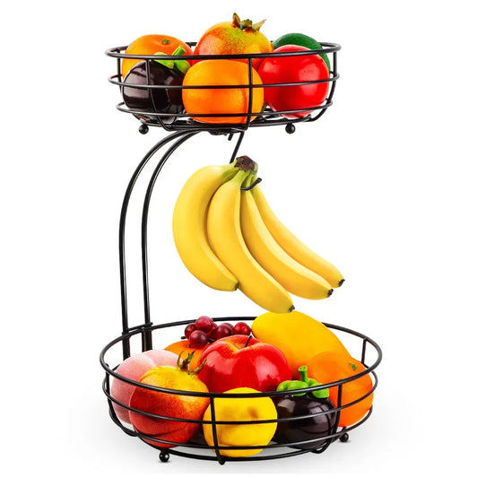 2-Tier Metal Wire Fruit Basket with Banana Hanger – Countertop Storage Organizer for Fruits & Vegetables – Kitchen Storage Solution 🍌🍎🍇