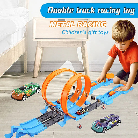 Kids Double Car Wheels Racing Track Toy - DIY Assembled Rail Kit with Catapult Launch, Fun Gift for Boys & Girls Racing Fans 🚗💨