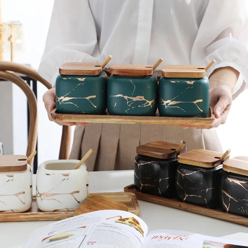 Ceramic Spice Storage Pot Set with Bamboo Tray - Salt, Pepper & Sugar Shaker Jars for Kitchen Seasoning & Condiments 🌿🍶