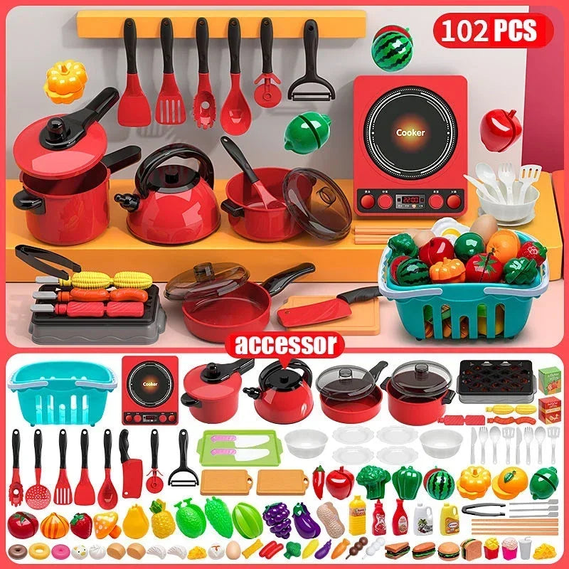 Kids Pretend Play Red Kitchen Set – Cooking Toys for Boys & Girls, Educational Interactive Food Simulation Toy for Children Ages 3+ 🍳🍉