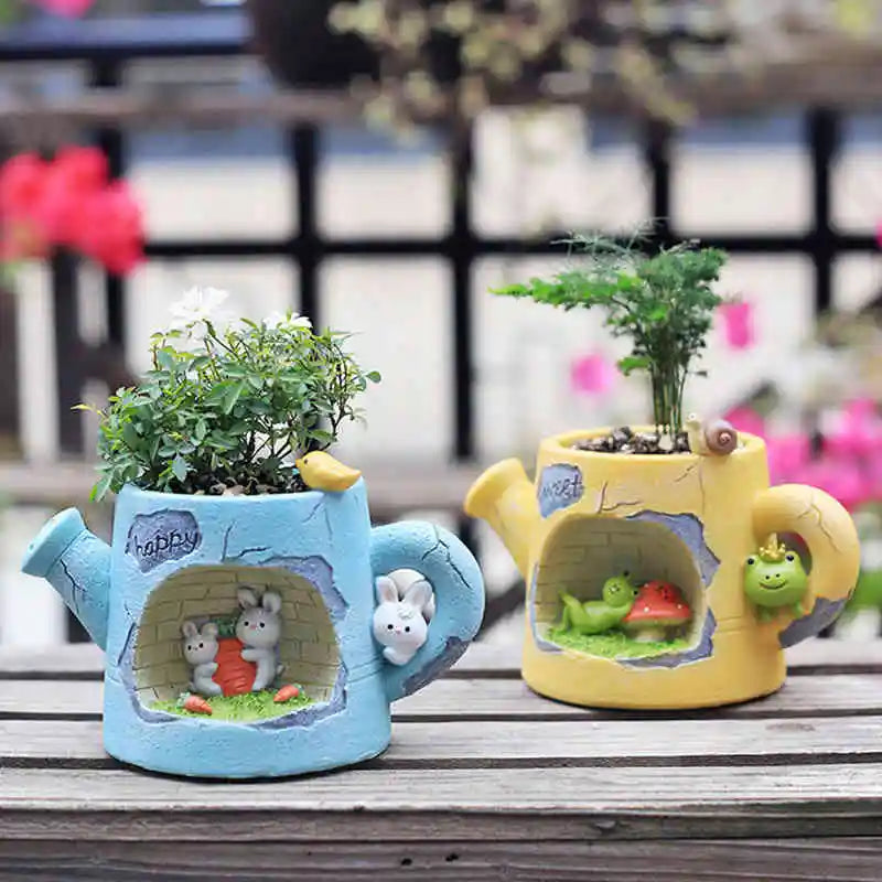 Creative Flower Pot Resin Succulent Planter 🌵 Home Decor Desktop Ornament - Cute Garden Decoration with Drainage Holes